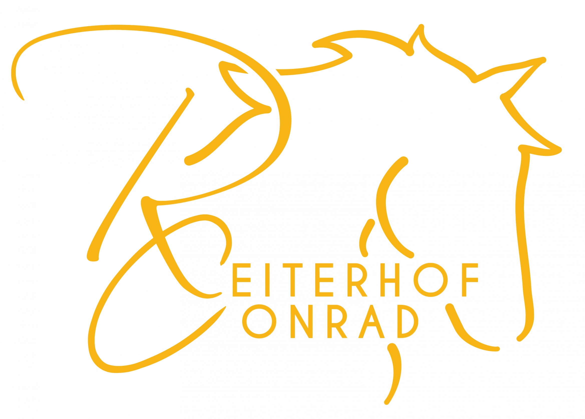 Gelbes Reiterhof Conrad Logo mit stilisiertem Pferdekopf auf hellem Hintergrund.