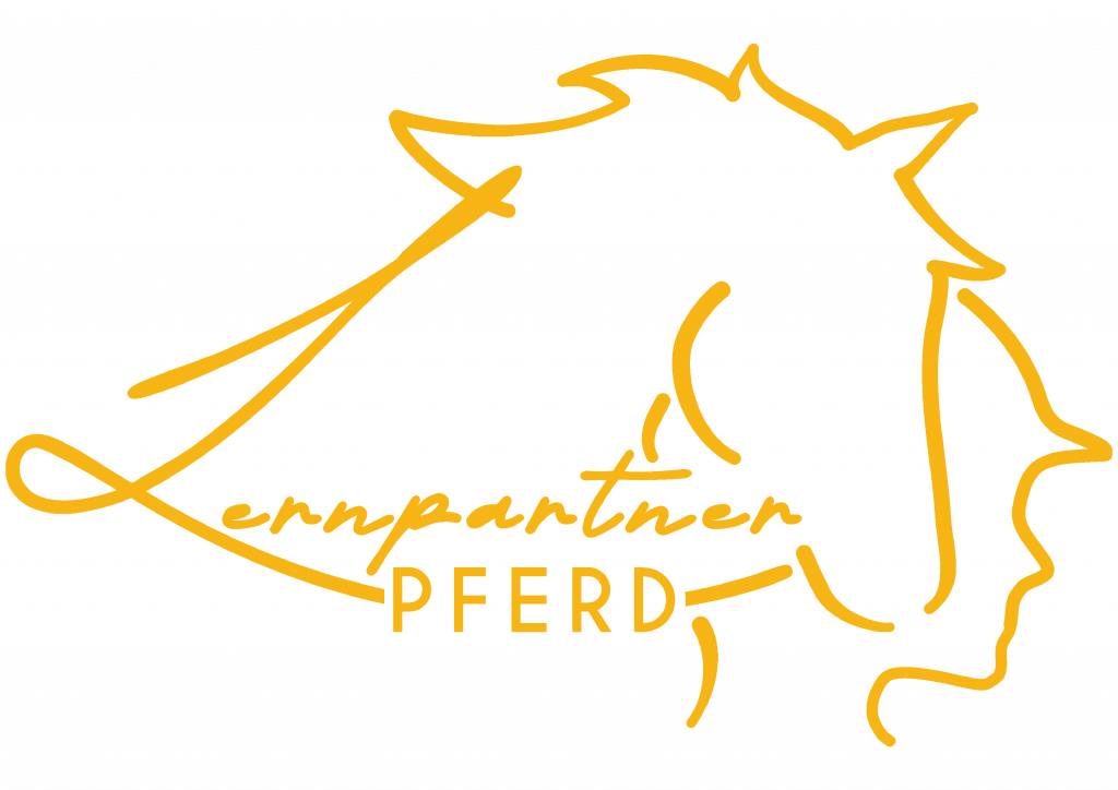 Gelbes Lernpartner Pferd Logo mit stilisiertem Pferdekopf und Schriftzug.
