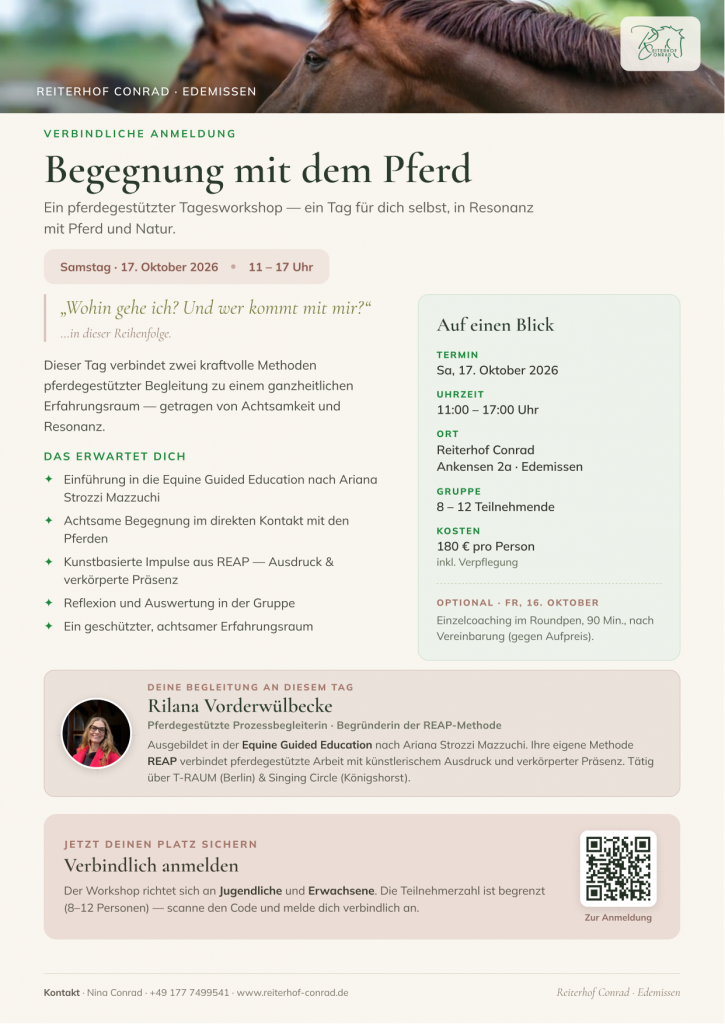 Beitragsbild: Begegnung mit dem Pferd – Tagesworkshop am 17. Oktober 2026 am Reiterhof Conrad