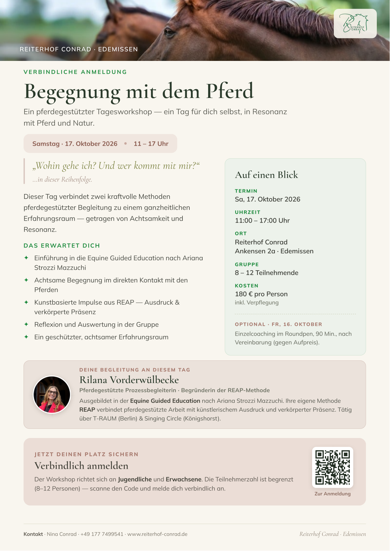 Beitragsbild: Begegnung mit dem Pferd – Tagesworkshop am 17. Oktober 2026 am Reiterhof Conrad