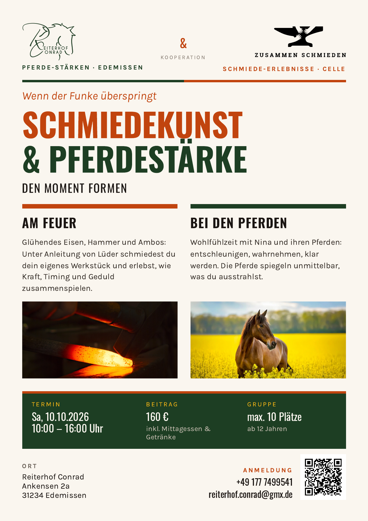Flyer: Schmiedekunst & Pferdestärke Workshop am 10.10.2026